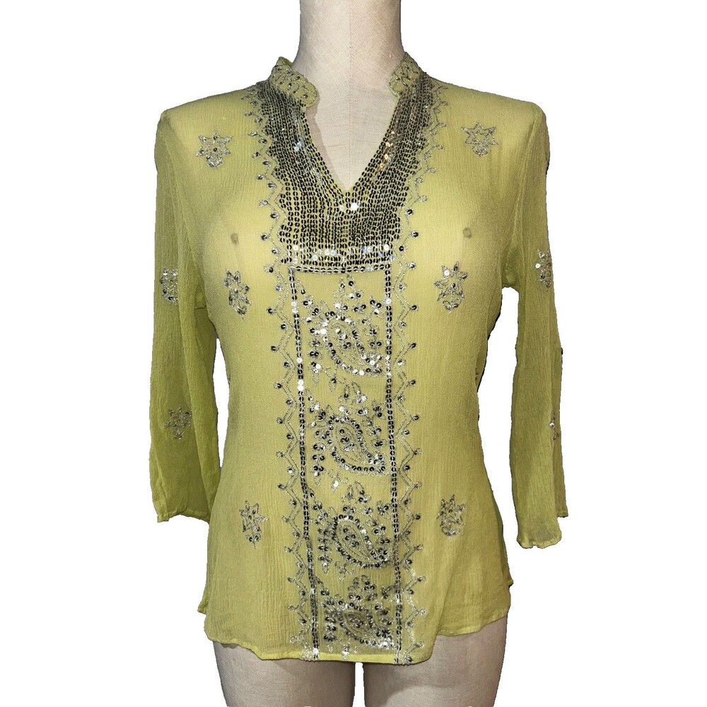 Dressbarn Vintage Women’s Sequined Silk Chiffon Tunic Top size M Lime Green Boho